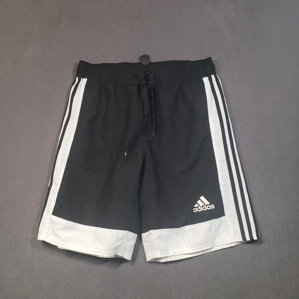 Adidas Athletic Shorts Mens Medium Black White 3-Stripe Drawstring Logo